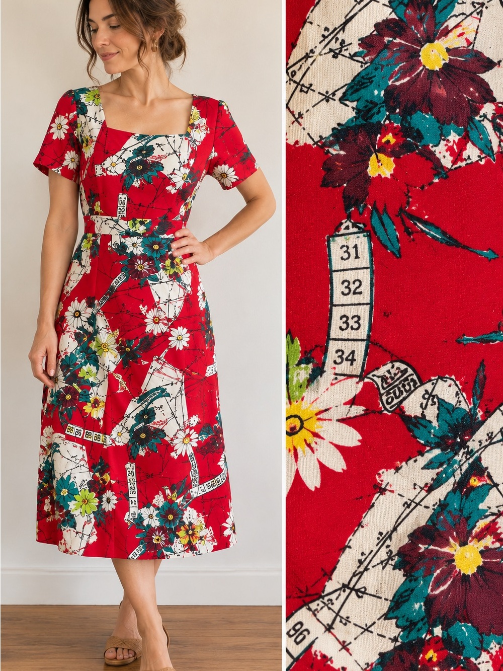 Vintage 60s 70s Midi Dress Sewing Pattern Measuring Tape Floral Novelty Print